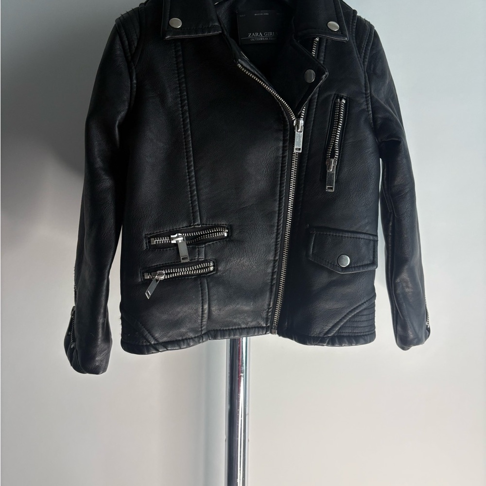 Zara Girls Black Faux Leather Moto Jacket | Size 5 | Zip Biker Style
